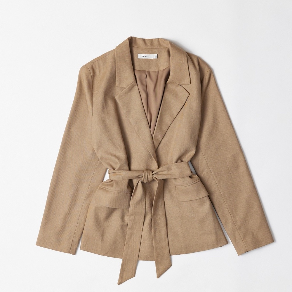 NWT Mod Ref Belted Linen Blend Blazer Taupe Small